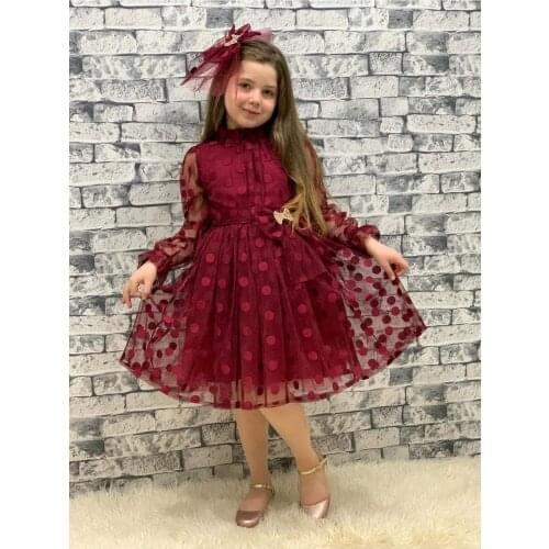 Female Child Maroon Lace Gauze Polka Dot Dress