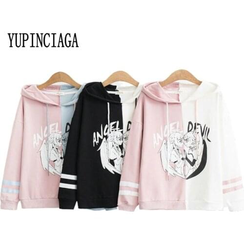 Women Hit Color Patchwork Hooded Sweatshirt Drawstring Tracksuit 2020 Spring New Cartoon Print LongSleeve Casual Loose Pullovers