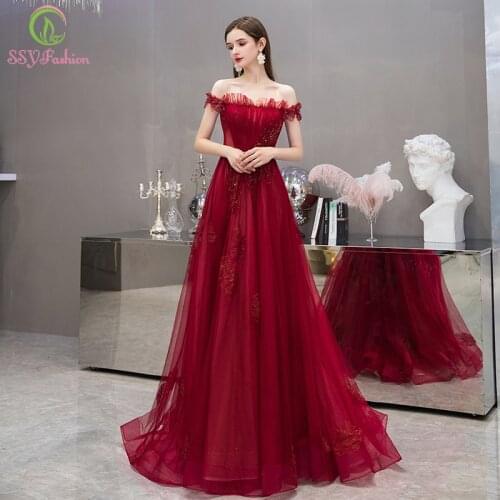 SSYFashion New Dark Red Long Evening Dress Luxury Sequins Lace Appliques Boat Neck Prom Formal Gowns Custom Vestidos De Noche