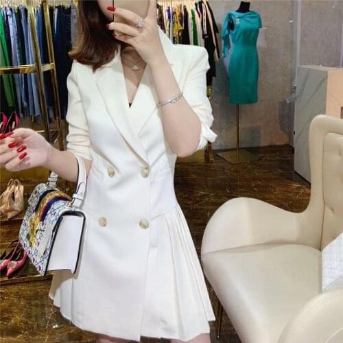 Double Breasted Blazer Dress Women Notched Long Sleeve Spring Pleated Dress Office Lady Elegant Mini Dress Casual White New B232