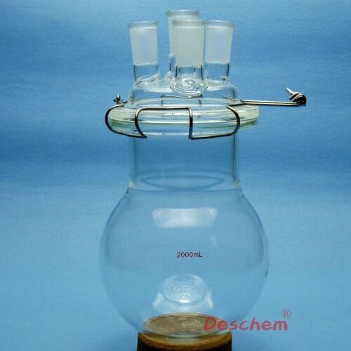 3000ml,24/40,Glass Reaction Flask,3L,Four-Necks Chemical Reactor,W/Clamp & Lid