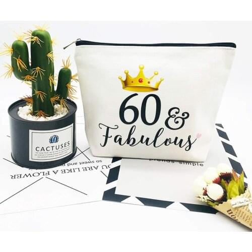 60 & Fabulous canvas Makeup Cosmetic bag Mother grandma 60th 60 years old sixty Birthday Party Gift Decoration supplies
