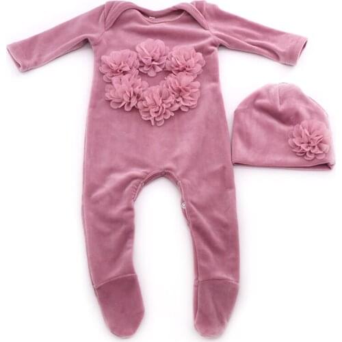 Newborn baby girl Velvet Floral romper Bodysuits Winter Soft newborn baby clothes with Hat Set for kids Childs outfits Christmas