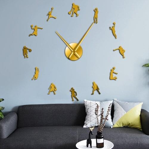 Basketball Slam Dunk DIY Large Wall Clock Frameless Giant Wall Watch Basketball Players 3D Mirror Wall Sticker Fan Gift