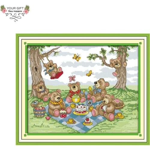 Joy Sunday Counted and Stamped Teddy Bears Picnic Needlework Needlepoint Embroidery Cross Stitch kits for Home Decor K416