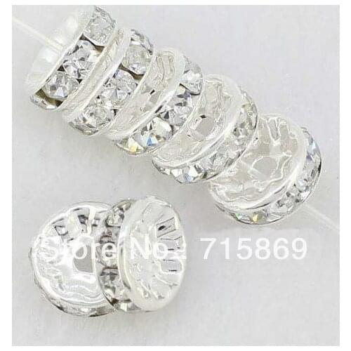 200pcs/Lot 12MM Crystal Spacer Metal Silver Plated Rondelle Rhinestone Loose Beads Make Bracelet For Jewelry Making