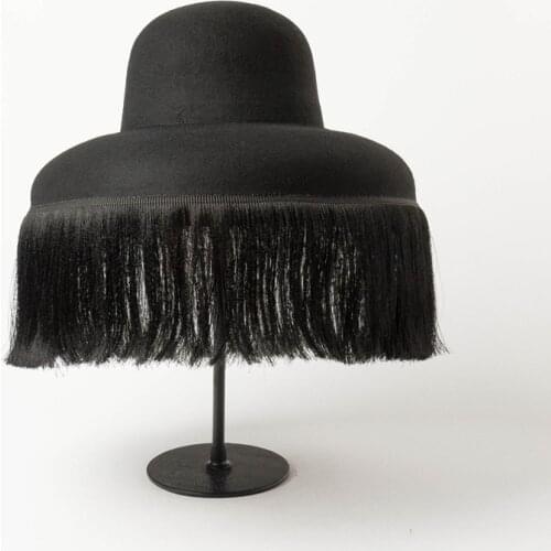 Fashion Black Hat Quality Autumn And Winter New Dome Cap With Fringed Fedora Hat Retro Personality Bucket Hat Custom Style Cape