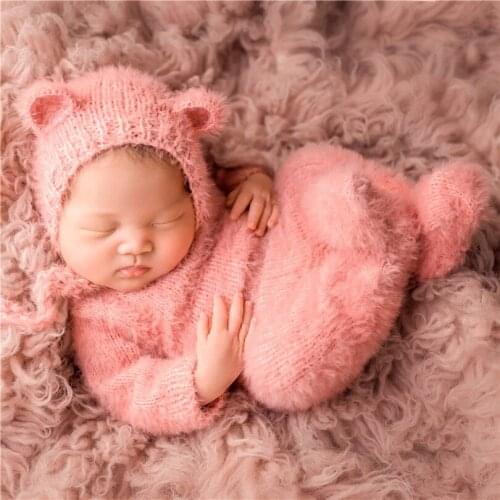 Pink Newborn Teddy Bear Hat Footed Roper Newborn Outfit Fluffy Baby Girl Bear Onesie Fuzzy Newborn Bonnet Overalls Photo Props