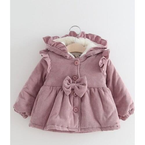 Fall Winter Kids Baby Girls Jacket Corduroy Hood and Plush Fleece Padded Jacket Solid Cotton Down Coat 1-3 Years