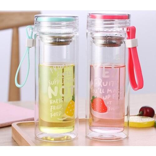 Fruits Pattern Portable Glass Water Bottle Double Wall High Grade Tea Bottle Students Glass Drinking Bottle 300ml