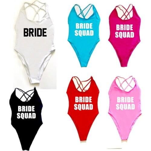 Sexy One Piece Swimsuit Women Swimwear BRIDE SQUAD Bikini Bathing Suit Bachelor Wedding Party Beachwear Cross Back Bodysuit 2021