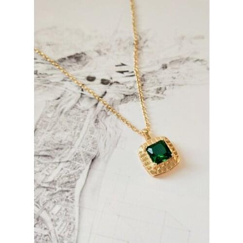 925 Sterling Silver Sqaure Dark Green Cubic Zirconia Emerald Halo Pendant Necklace Bridal Necklace Birthstone Jewelry Gift Women