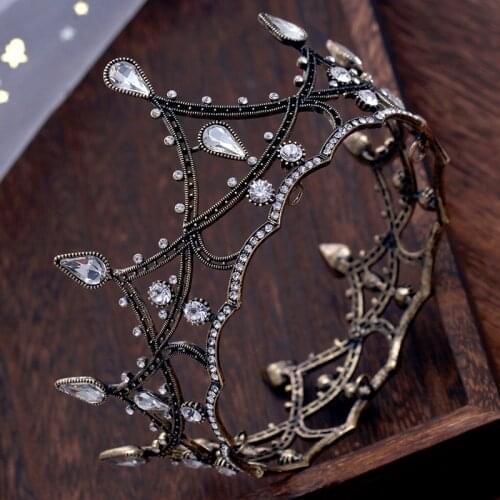 Baroque Vintage Black Round Big Crown Wedding Hair Accessories Luxury White Crystal Queen King Crowns Bridal Tiaras Headpieces