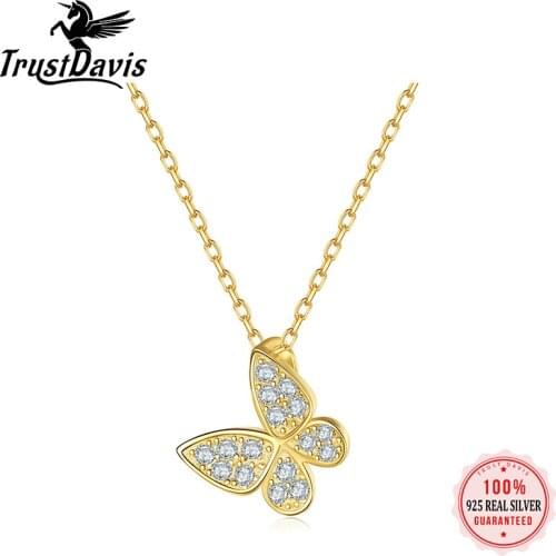 TrustDavis Real 925 Sterling Silver Butterfly Pendant Clavicle Chain Necklace Women 14K Gold Plated Party Jewelry Gift L116
