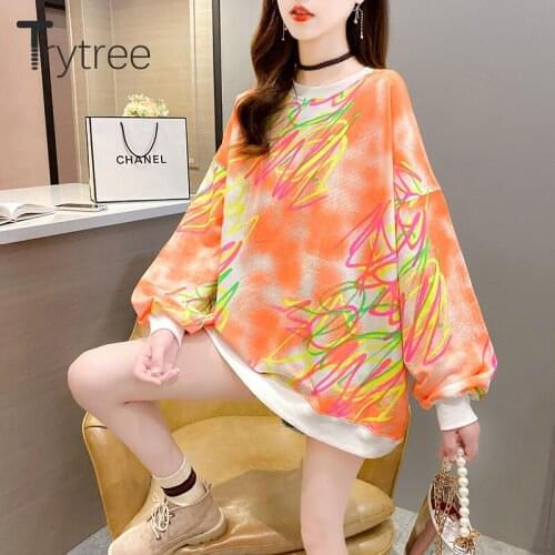Trytree 2020 Autumn Woman Casual Tops for women Oversize Puff Sleeve Graffiti Fluorescent Loose Streetwear Sweatshirt Women Top