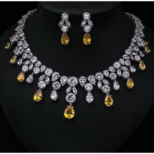 Yellow Wedding Fashion AAA Cubic Zircon Jewelry Sets ,Earrings /Necklace,Promotion,Nickel Free, Factory price