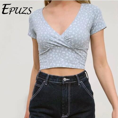 Women Crop Top Sexy V NECK Floral Print t shirts women Short Sleeved Cotton Crossover Crop Tee 2020 women summer t shirts