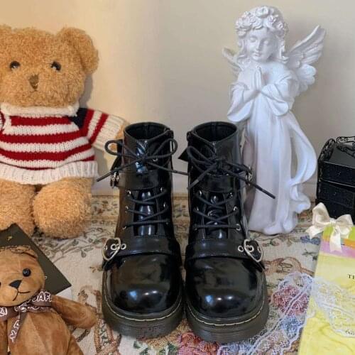 Round Head Lace-up Women Martins Lolita Boots Cute Sweet Cool Student Girls Ankle Boots High Top Mid Heel Buckle Gothic Martin