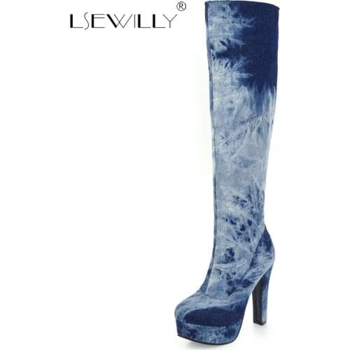Lsewilly Plus Size 33-50 Denim Knee Boots Woman Fashion Jeans Shoes for Women High Heel Platform Winter Boots Colored Zippe S722