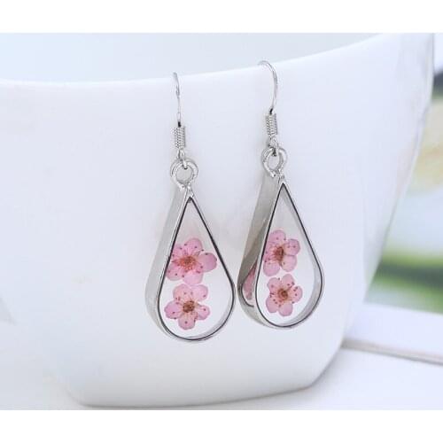 Exquisite Silver Color Pressed Flower Teardrop Earrings Handmade Resin Dried Flowers Dangle Drop Earrings Women Jewelry Gifts
