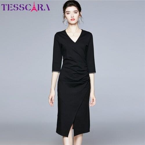 TESSCARA Women Autumn Elegant Pencil Dress Festa High Quality Office Cocktail Party Robe Femme Vintage V-Neck Designer Vestidos