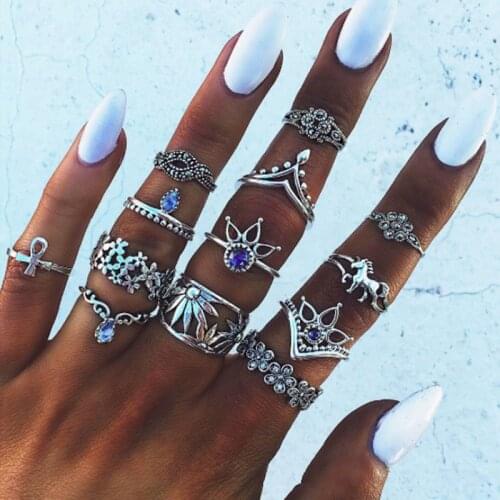 13pcs / lot Bohemian Mixed Horse Flower Sunflower Geometric Blue Crystal Ring Set Women Fashion Charm Party Jewelry Accessories
