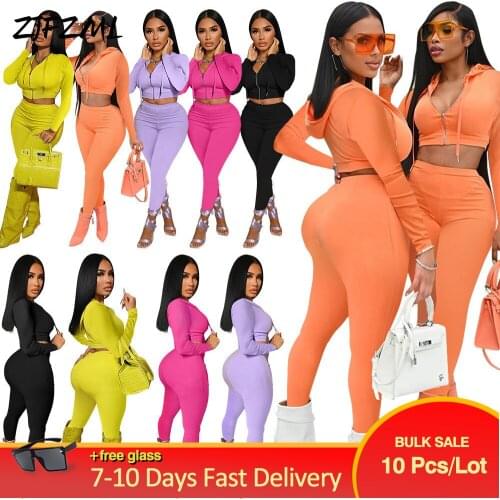 Bulk Items Wholesale Lots Sexy Women Autumn Pant Suit Solid Hooded Long Sleeve Crop Top Biker Pant Two Piece Matching Outfits