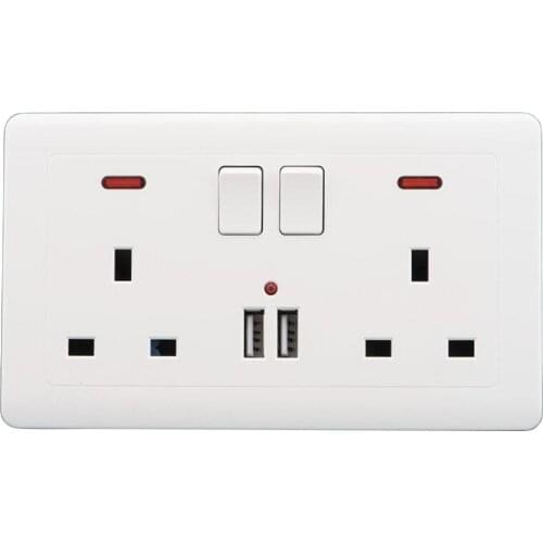 Double Wall UK Plug Socket 2 Gang 13A 2 USB Charger Port Plate White