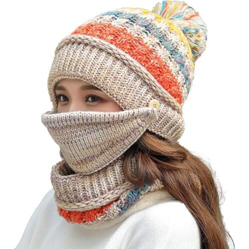 Fleece Lined Pom Beanie Scarf Mask Set Winter Knit Hats for Women And Girl in Outdoor Activities
