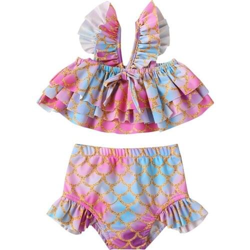 Girls Swimsuit 2PCS Sling Polyester Sleeveless Print Summer Sandy Beach Seaside Girls Set Swimming Bikini Baby Overall