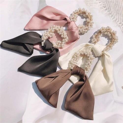 Oaoleer Fashion Elegant Women Hair Ropes Bowknot Pearl Streamer Hair Band Ribbon Bow Knot Streamer Hair Band Elegant Hair Rope