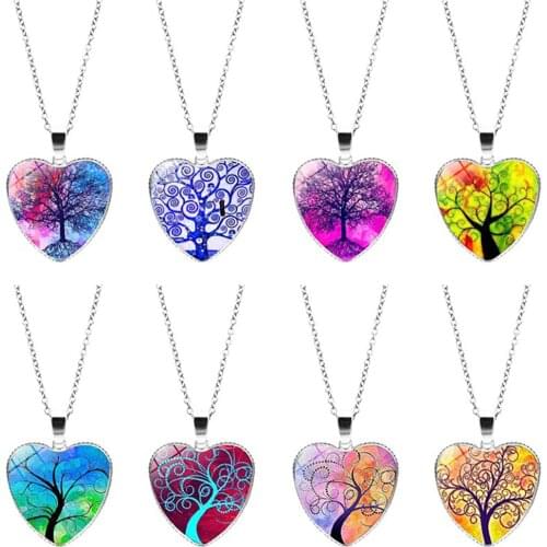 Fashion Tree of Life Pendant Necklace Tree of Life Bohemian Style Glass Heart Charm Necklace Love Pendant New Jewelry for Women