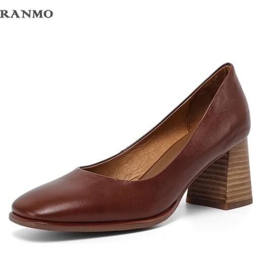 Fashion Genuine Leather Ladies Pumps Sexy Round Toe Slip-On Shoes New Handmade Office 6 .5cm High Heel Women Pumps Women Shoes