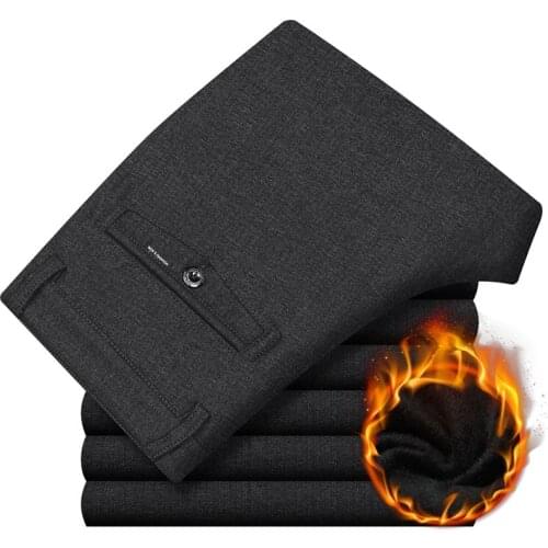 Men Business Fleece Pants Autumn Winter Male Casual High Quality Thick Warm Solid Elastic Baggy Formal Suit Trousers CF227