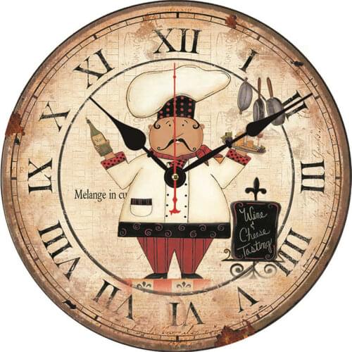 French Chef Wall Clock 12Inch Wall Art Decorative for Kitchen Living Room Silent Wall Clock Wooden Wall Art Decor Analog
