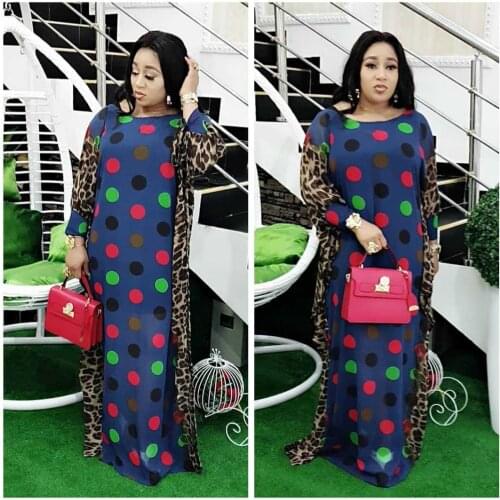 New African Womens Plus Size Long Skirt Robe Dress Fashion Leopard Print Pearl Chiffon Digital Printing Dress With Inner Skirt