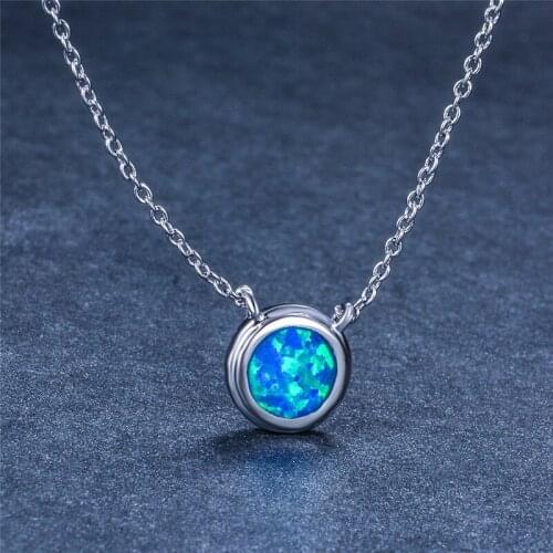 White Blue Opal Stone Necklace Boho Female Small Round Pendant Necklace Vintage Rose Gold Silver Color Chain Necklaces For Women