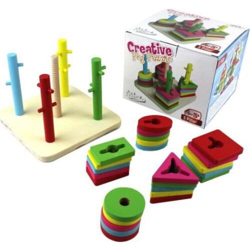 Education wood toy childrens wooden toys multicolour geometric shapes assembling blocks 5 poles toy set