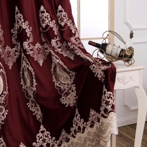 European Luxury Embroidery Curtains Burgundy Velvet Cloth Curtains with Beads Blackout Curtain for Bedroom and Living Room