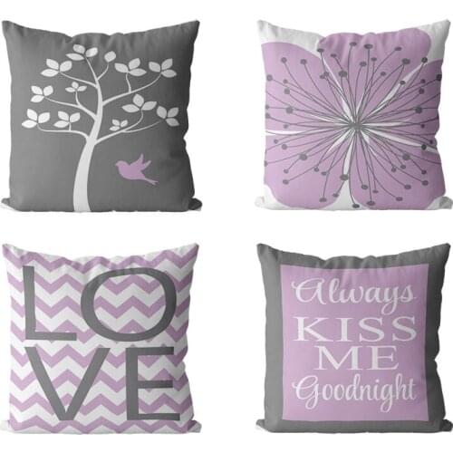 Kiss me letters Cushion Cover Polyester tree bird Printed Pillow Case Decorative Sofa Cushions purple Flower Pillowcover