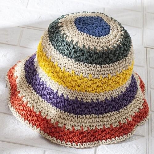 2021 New Fashion Handmade Colorful Striped Straw Hat Female Summer Small Fresh Literary Travel Sun Hat Wide Beach Hat Foldable