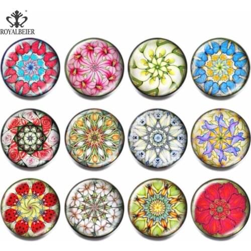 Royalbeier 12pcs/lot Multi-color Flower Patten Glass Cabochon Bead 18mm Colorful Snap Button Charm Bracelet Women Jewelry kg0132
