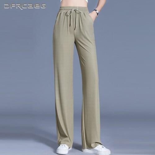 Loose Summer Ice Silk Wide Leg Pants Womens 2021 High Waist Casual Thin Plus Size Trousers Female Black