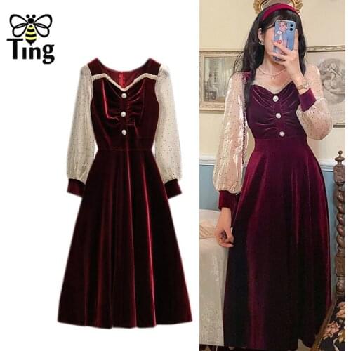 Tingfly Women Classic Fashion Ruched Red Christmas Velvet Dress Slim A Line Midi Casual Dress for Spring Autumn Women Clothes Za