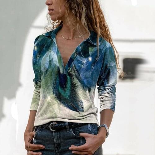 Women Blouse Peacock Feather Printed Autumn Long-sleeved Turn-down Collar Casual Plus Size Top Elegant Pullover Shirt Блузки