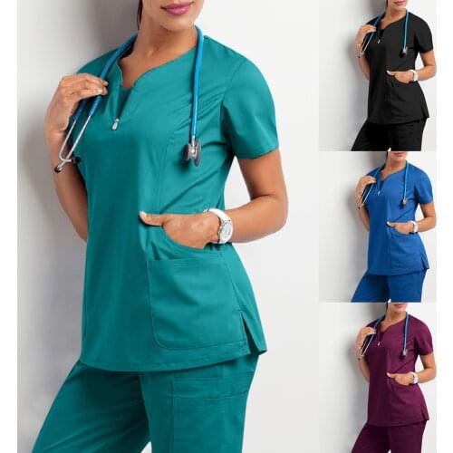 Care Worker T-Shirt Tops V Neck T-shirts Pure Color Short Sleeve Nurse Uniform for Women with Pocket Mukoti Yunifomu Drop Ship