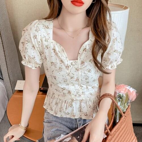 Cotton Floral Slim Korean Fashion Summer WomenS Clothing Vintage Short Sleeved Shirts Blouses Top New Vetement Femme 2021