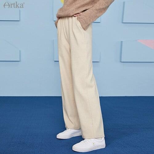 ARTKA 2020 Winter New Women Pants Casual Loose Draping Straight Long Pants Elastic Waist Soft Knitted Trousers Women ZA22001D