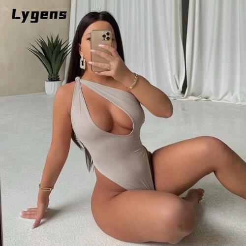Lygens One Shoulder Sleeveless Hollow Out Bodysuit Sexy Bodycon Casual Streetwear 2021 Autumn Winter Women Sporty Romper