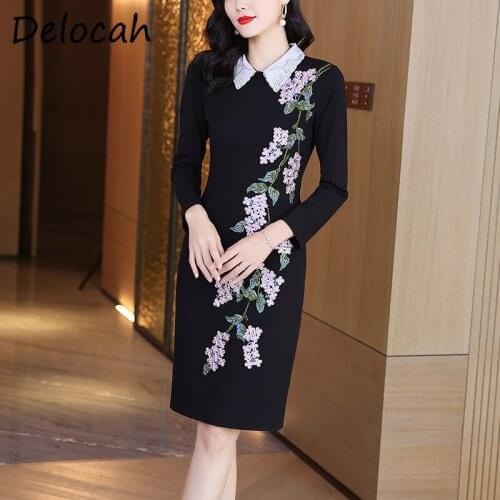 Delocah New 2021 Autumn Women Fashion Designer Party Midi Dress Long Sleeve Gorgeous Crystal Embroidery Elegant Pencil Dresses